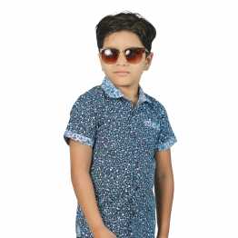 "Dark Navy Blue All Over Print Boys' Short Sleeve Shirt Contrast Collar"